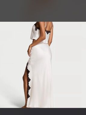 Victoria's Secret Ivory Maxi Slip Dress with Black Lace Trim